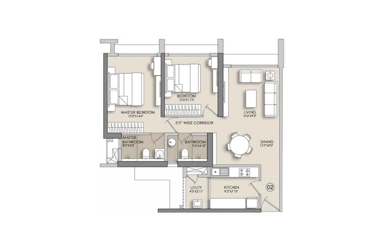 Floor Plan 2 BHK-737 Sq.ft.