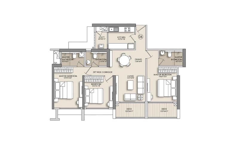Floor Plan 3 BHK-1070 Sq.ft.