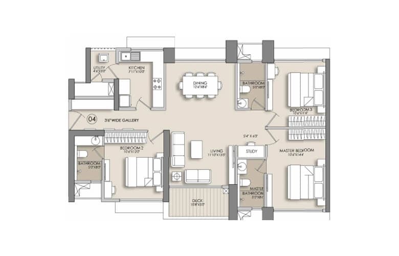 Floor Plan 3 BHK-1128 Sq.ft.