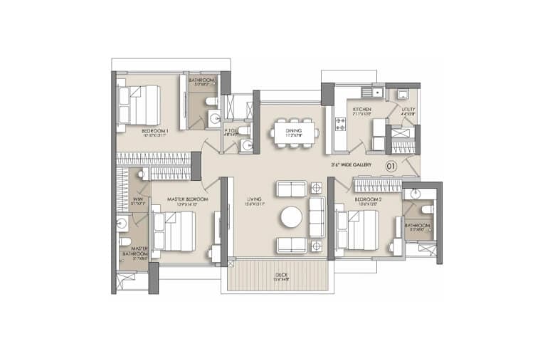Floor Plan 3 BHK-1295 Sq.ft.